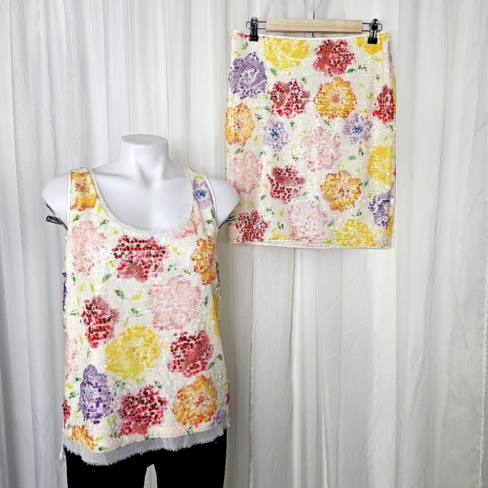 Elie Tahari Rosalin Vibrant Floral Sequin Tank Top and Skirt Set Medium